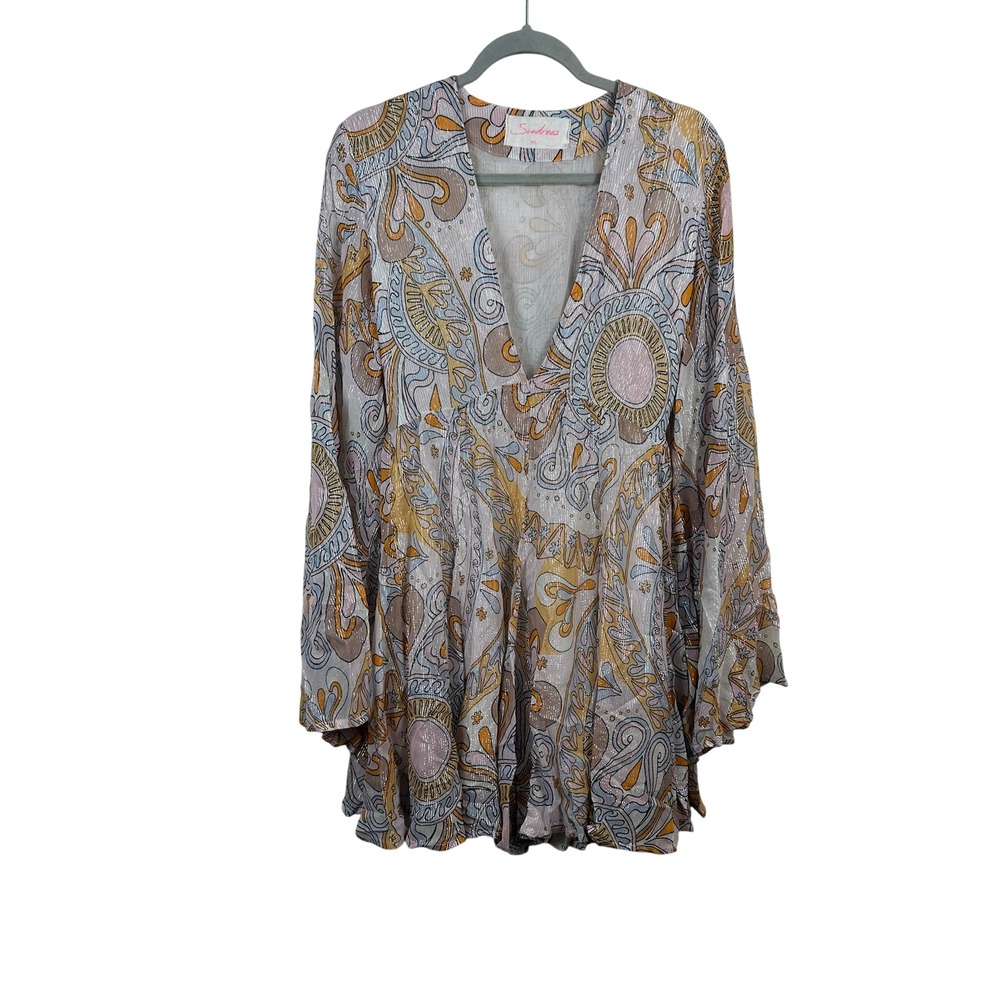 Sundress Mini Dress Women M/L Multicolor Excellent Paisley Metallic Bell Sleeve